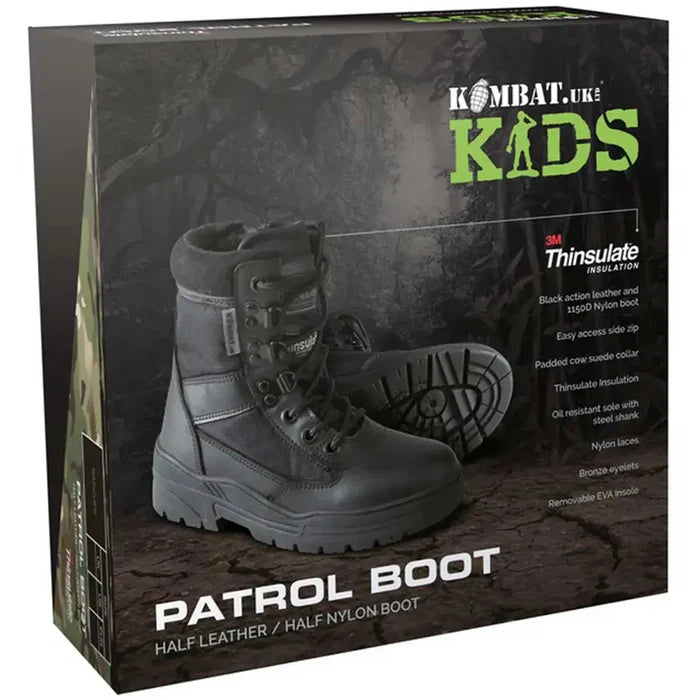 Retail packaging of Kombat Kids Half Leather Patrol Black Boots featuring product image, Thinsulate insulation, and key boot features.  from  John Bull Clothing