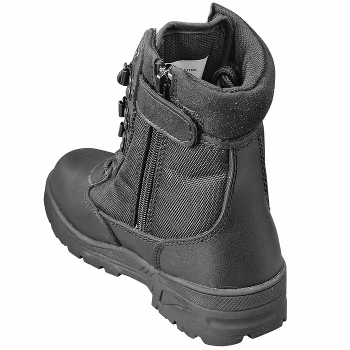 Angled rear view of Kombat Kids Half Leather Patrol Black Boot with visible side zip and padded ankle support for added comfort.  from  John Bull Clothing