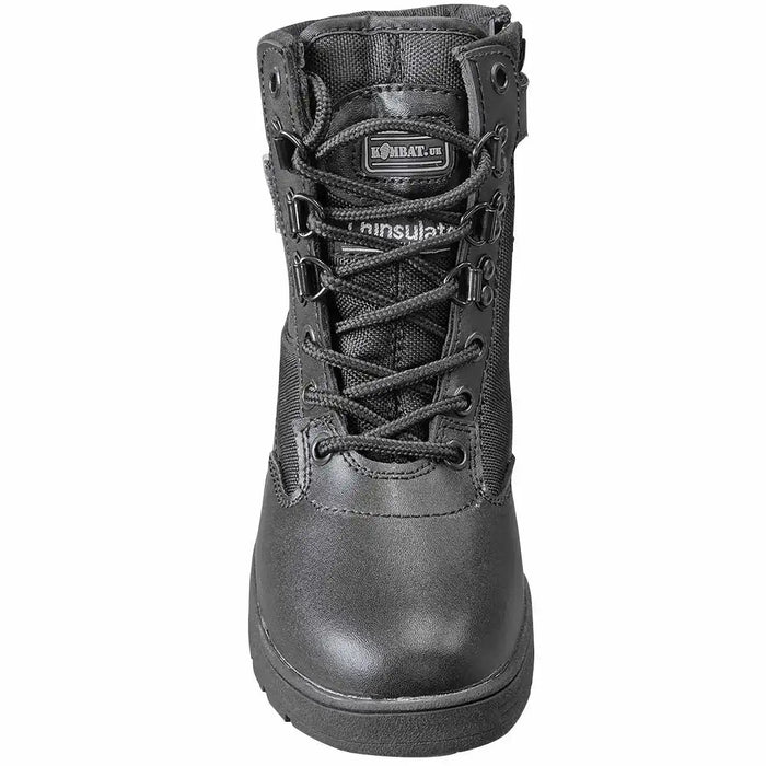Front view of Kombat Kids Half Leather Patrol Black Boot with secure lacing and Thinsulate insulation branding for warmth and comfort.  from  John Bull Clothing   from  John Bull Clothing