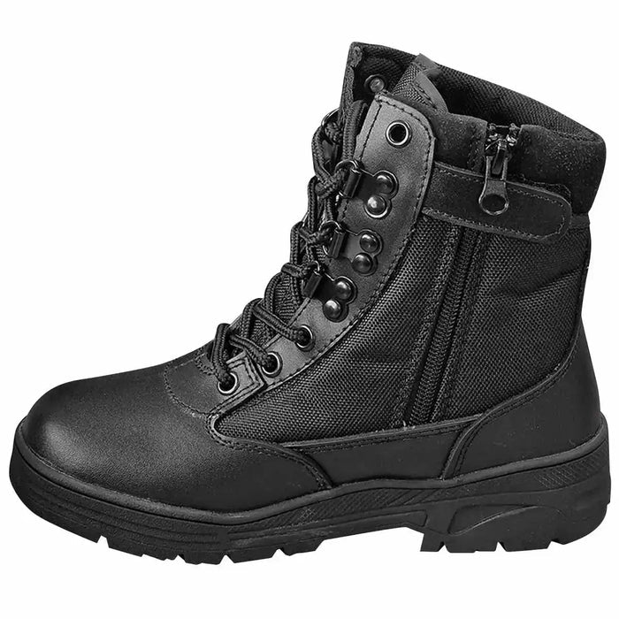 Side view of Kombat Kids Half Leather Patrol Black Boot featuring zip closure and rugged sole for easy wear and reliable grip.  from  John Bull Clothing   from  John Bull Clothing