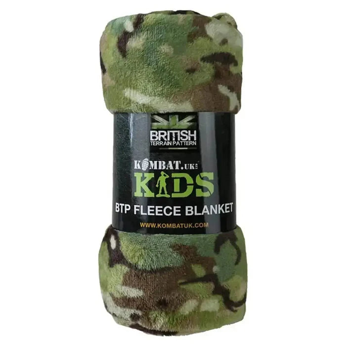 Kombat Kids BTP Fleece Army Blanket in a rolled-up form with a camouflage pattern, ideal for outdoor adventures. Lightweight and compact for easy packing.  from  John Bull Clothing