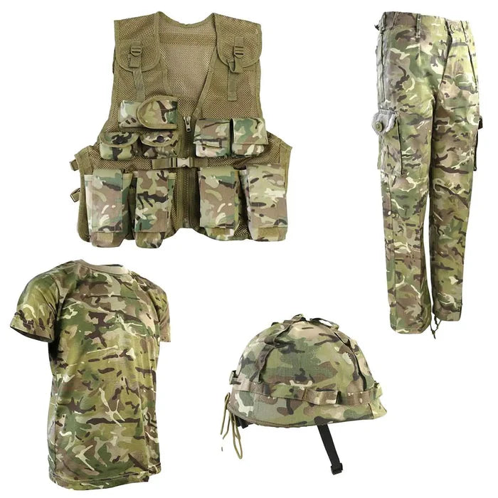 Kombat Kids Number 1 Army Combo Set BTP featuring a camouflage vest, trousers, t-shirt, and helmet for outdoor adventures. Perfect military-style outfit for kids.  from  John Bull Clothing