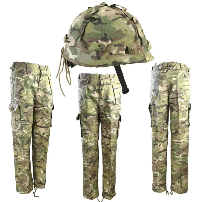 Kids army clothing set including camouflage trousers and a military-style helmet. Great for outdoor adventures and role-playing.  from  John Bull Clothing