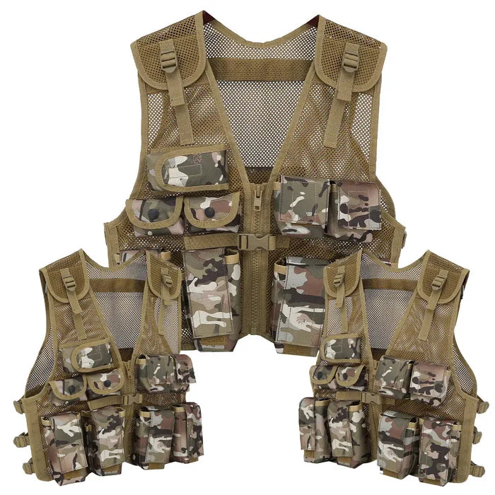 Kids tactical vest in camouflage BTP pattern with multiple pockets for storage. Ideal for military-style play and outdoor activities.  from  John Bull Clothing