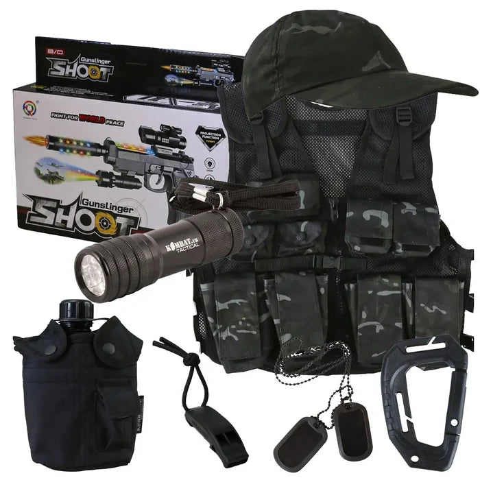 Kombat Kids Special Forces Set BTP Black includes a tactical vest, cap, flashlight, canteen, whistle, dog tags, and toy gun for military role-play.  from  John Bull Clothing