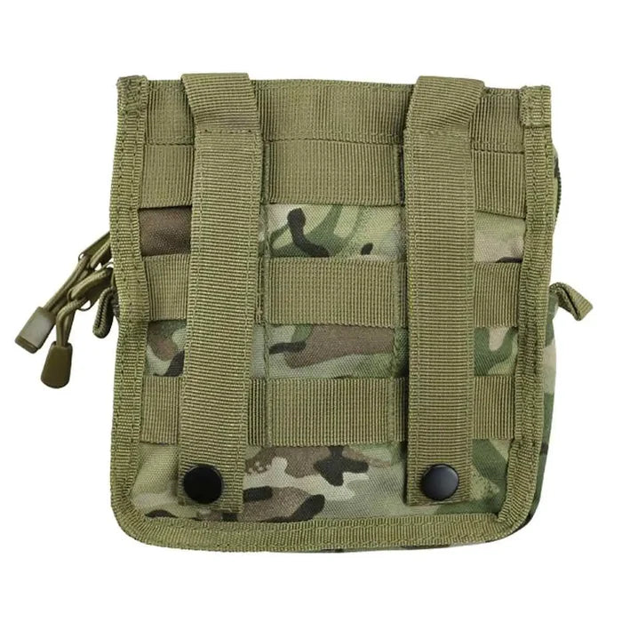 Rear view of Kombat Medium Molle Utility Pouch BTP showing MOLLE straps and snap buttons for secure attachment to tactical vests or backpacks.  from  John Bull Clothing