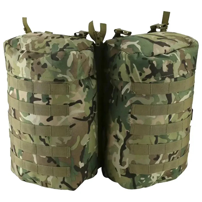 Kombat PLCE Molle Side Pocket Set BTP with MOLLE webbing, designed to attach to military rucksacks for added storage and tactical utility.  from  John Bull Clothing