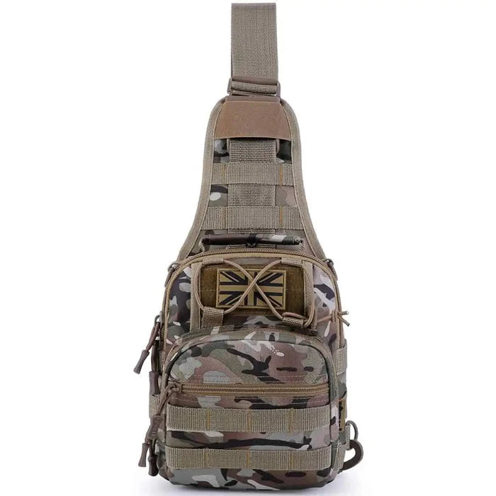 Kombat Ranger Sling Bag BTP from John Bull Clothing, a 3L tactical shoulder pack with British Terrain Pattern camouflage, ideal for outdoor use.  from  John Bull Clothing