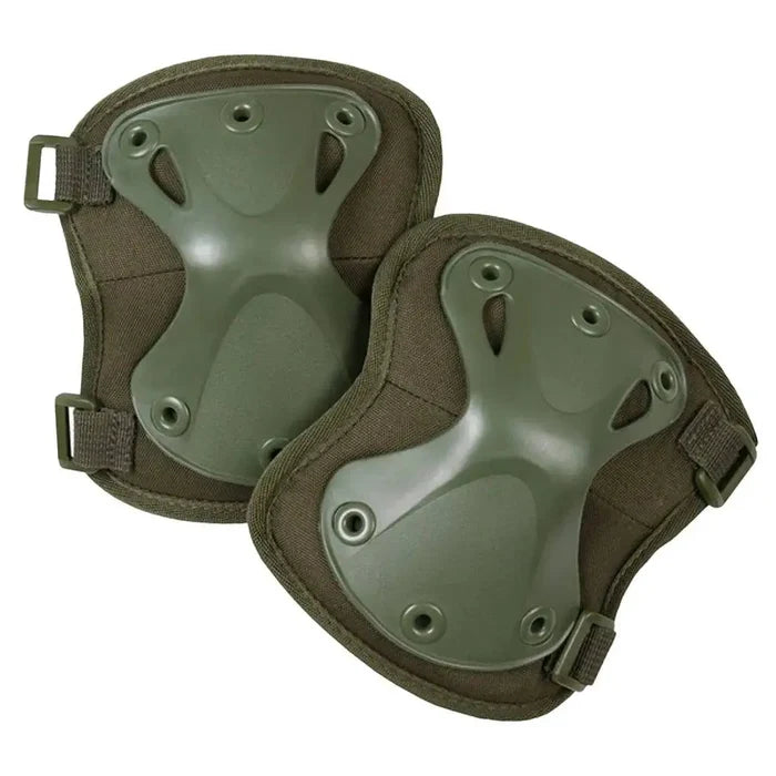 Kombat Spec-Ops Airsoft Knee Pads in olive green featuring a tough plastic shell and adjustable straps for enhanced comfort and durability. Green from  John Bull Clothing
