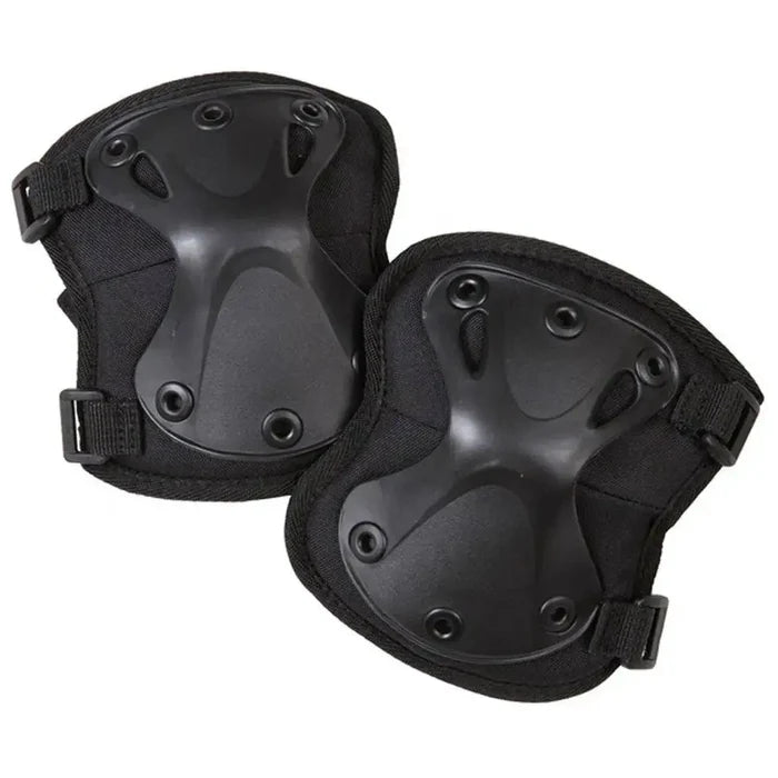 Black Kombat Spec-Ops Airsoft Knee Pads with reinforced plastic shell and adjustable straps, designed for tactical and outdoor activities. Black from  John Bull Clothing