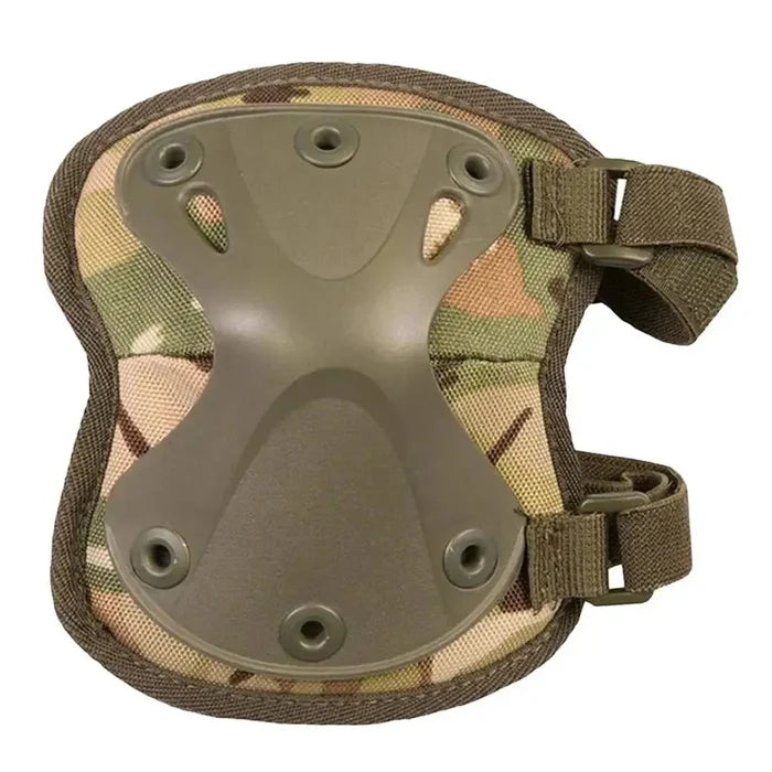 Single camouflage Kombat Spec-Ops Airsoft Knee Pad with a rugged plastic shell and secure strap system for optimal knee protection.  from  John Bull Clothing