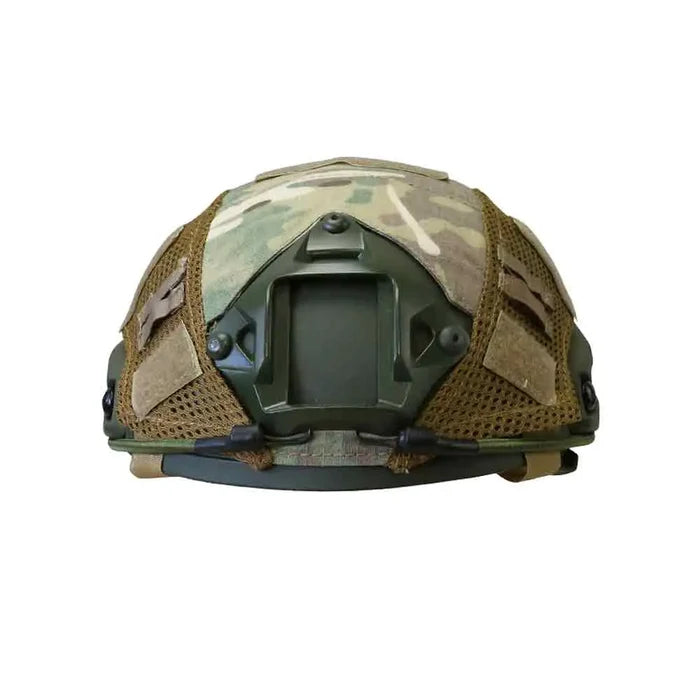 Rear view of a Multicam Kombat Tactical Fast Helmet Cover, showcasing mesh ventilation and attachment points for tactical gear. BTP from  John Bull Clothing