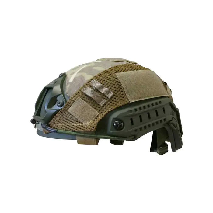 Side view of a Multicam Kombat Tactical Fast Helmet Cover, featuring durable ripstop fabric and modular attachment options for tactical operations.  from  John Bull Clothing