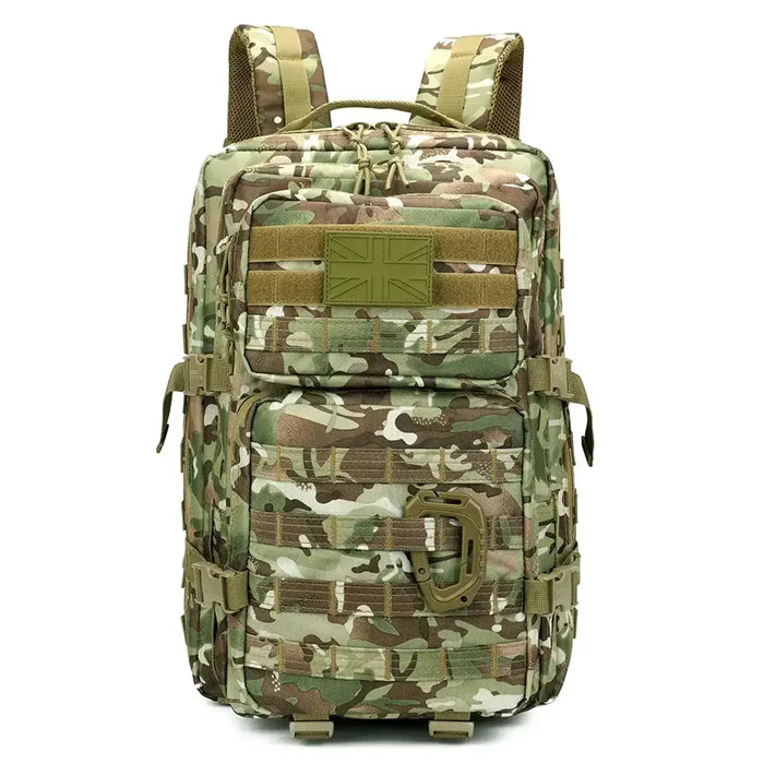 Front view of Kombat Trooper Assault Pack 40 Litre BTP showing multiple compartments and British Tactical Pattern design for military use.  from  John Bull Clothing