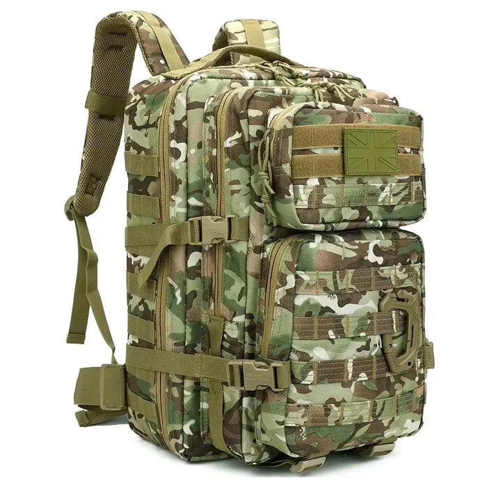 Angled view of Kombat Trooper Assault Pack 40 Litre BTP highlighting rugged polyester build and tactical storage options for cadets and hikers.  from  John Bull Clothing