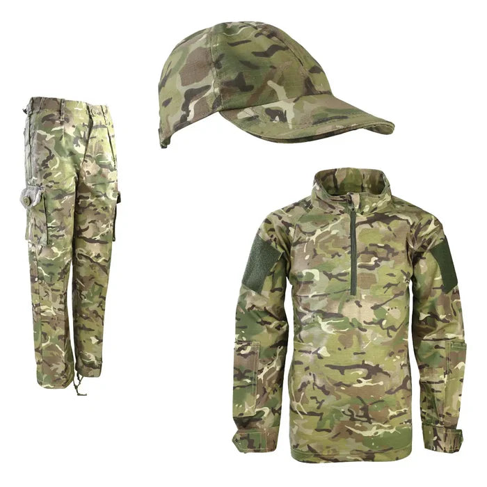 Kombat Trooper Kids Army Clothing Set BTP featuring a camouflage jacket, trousers, and cap. Perfect for outdoor adventures and military-style play.  from  John Bull Clothing