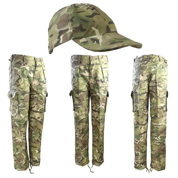Kids army trousers and cap in BTP camouflage pattern. Durable and comfortable military-style uniform for young adventurers.  from  John Bull Clothing