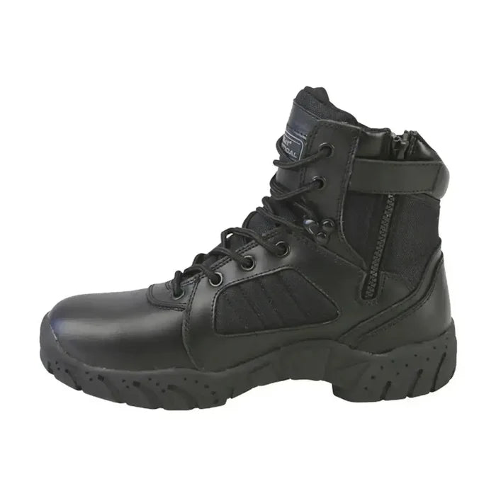 Side view of Kombat UK 6 Inch Pro Side Zip Combat Black Boots showing durable leather, nylon panels, and easy-access side zipper for quick wear.  from  John Bull Clothing   from  John Bull Clothing