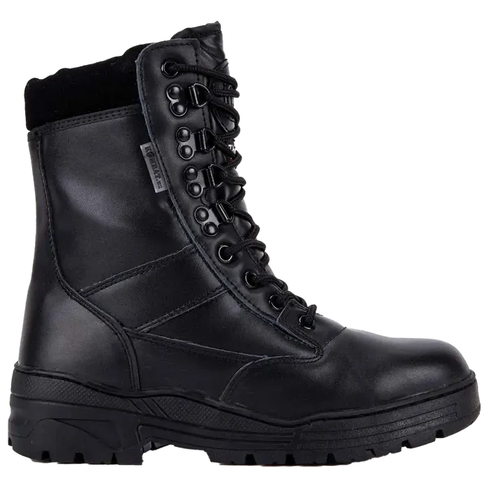 Side profile of Kombat UK All Leather Patrol Boot Black showing full-grain leather construction and heavy-duty stitching | John Bulls  from  John Bull Clothing