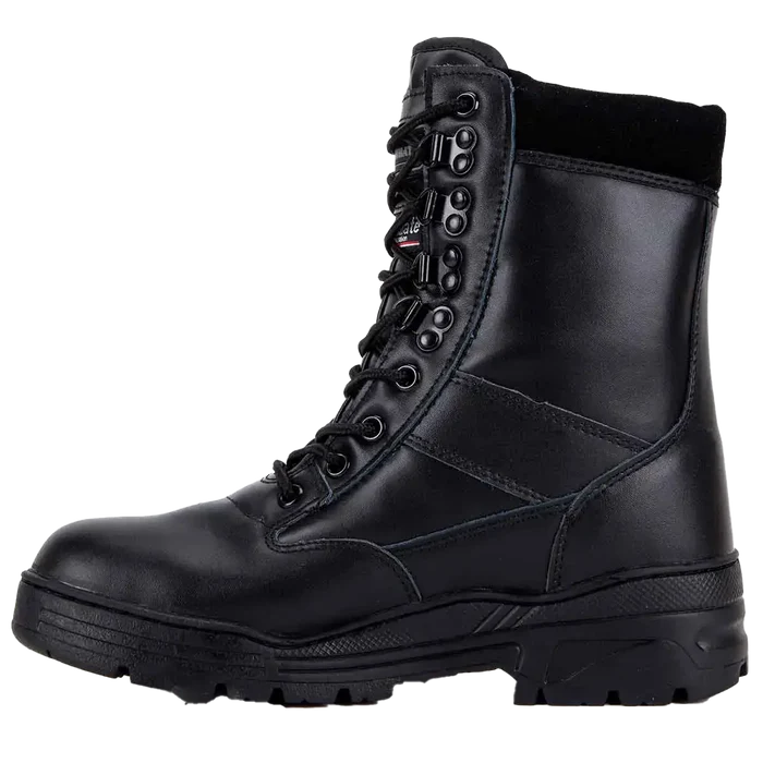 Opposite side view of Kombat UK All Leather Patrol Boot Black with metal eyelets and slip-resistant outsole | John Bulls  from  John Bull Clothing