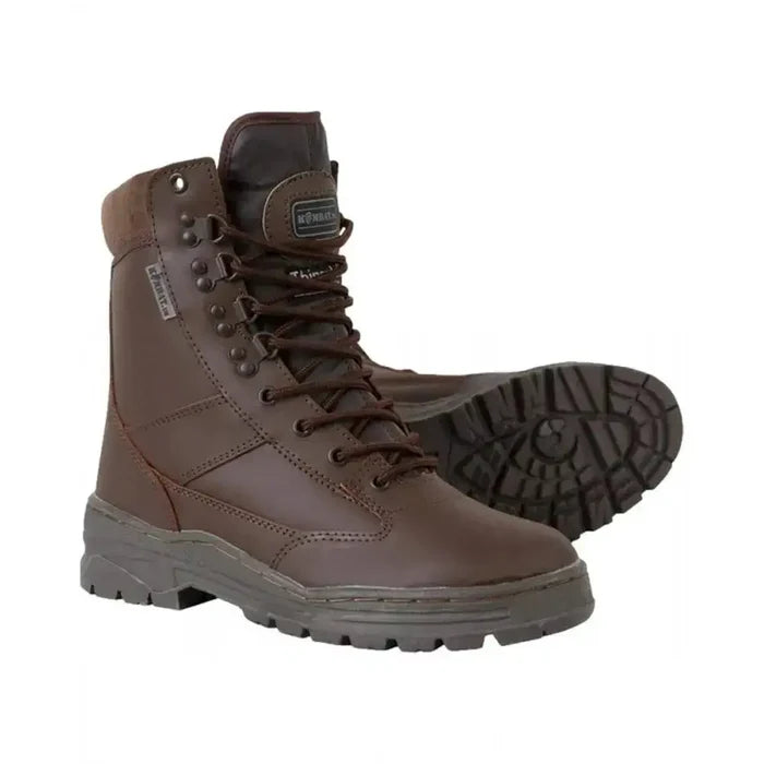 Side and sole view of Kombat UK Leather Patrol Boots MoD Brown showing reinforced tread and padded collar for comfort and grip in tactical environments.  from  John Bull Clothing