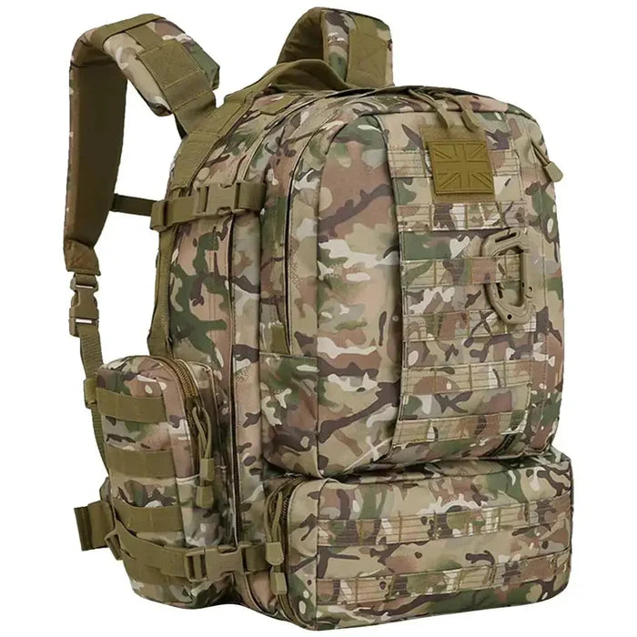 Side angle of Kombat Viking Patrol Pack 60 Litre BTP - Tactical Backpack highlighting side pouches, compression straps, and camo finish.  from  John Bull Clothing   from  John Bull Clothing