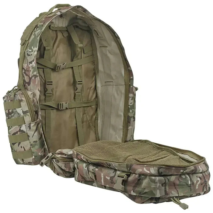 Interior of Kombat Viking Patrol Pack 60 Litre BTP - Tactical Backpack showing spacious main compartment with internal straps and mesh pocket.  from  John Bull Clothing   from  John Bull Clothing