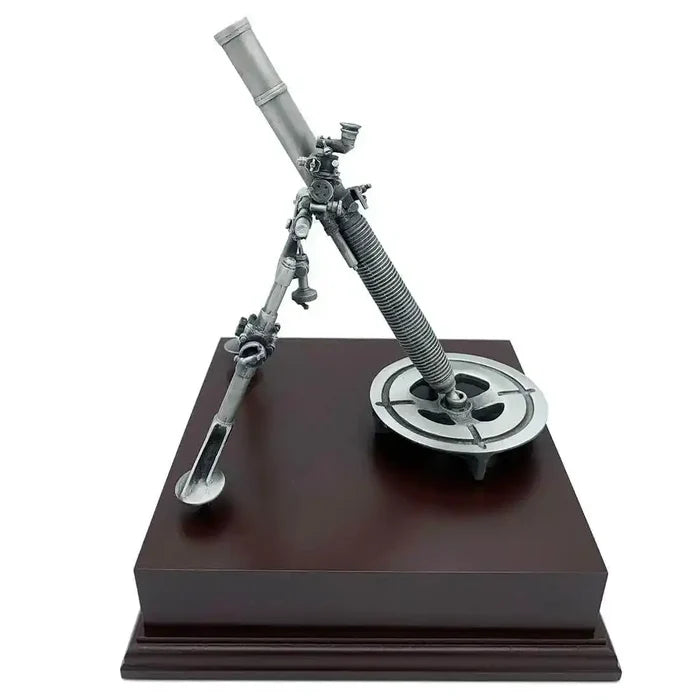 L16 81mm Mortar Pewter Statue on wooden base, showcasing intricate detailing of British Army artillery replica from John Bull Clothing.  from  John Bull Clothing