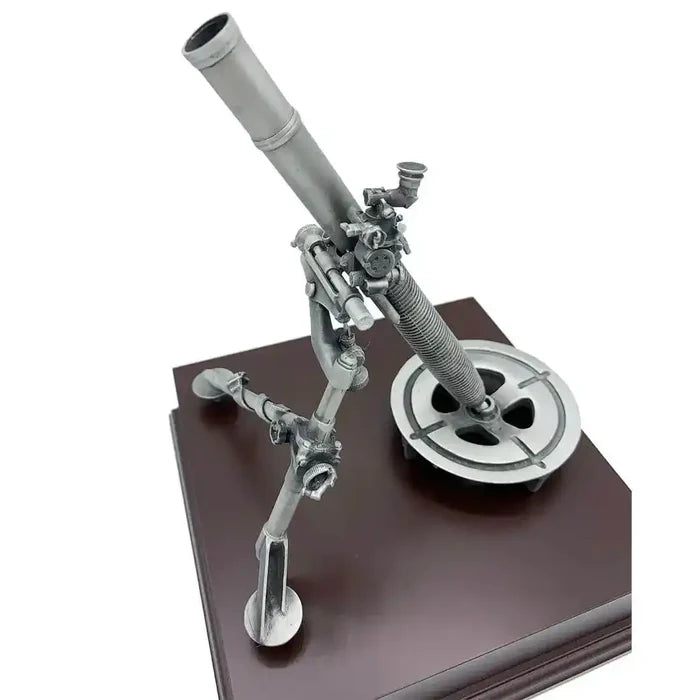 Angled close-up of L16 81mm Mortar Pewter Statue, capturing fine pewter detailing and realistic military design for decor enthusiasts.  from  John Bull Clothing