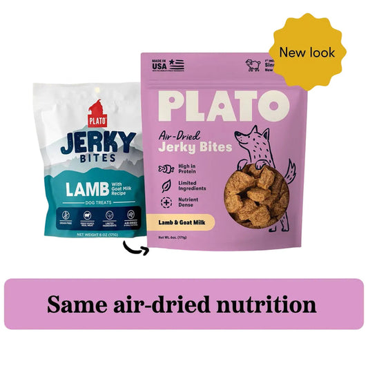 Plato jerky bites lamb with goat milk old packaging next to new Plato air-dried jerky bites lamb and goat milk 6oz new packaging. New look, same air-dried nutrition