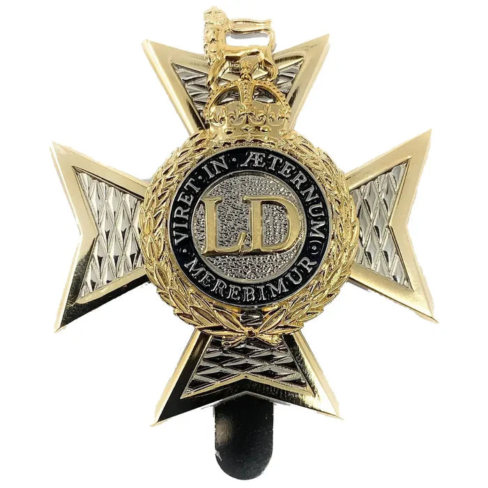 Light Dragoons Cap Badge with Kings Tudor Crown in brass and silver finish, featuring LD initials and Latin motto, ideal for military berets.  from  John Bull Clothing