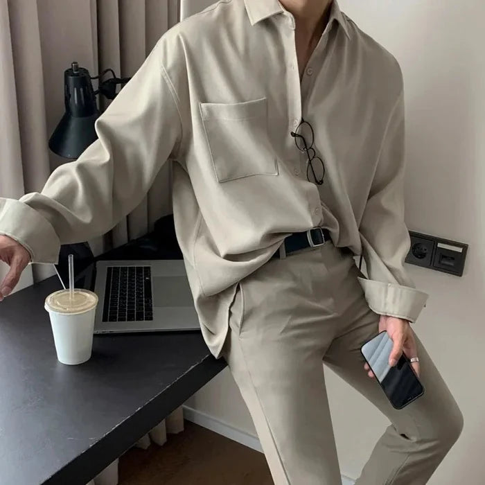 Loose fit Korean shirt casual business elegance - AntoniosClothing - Khaki
