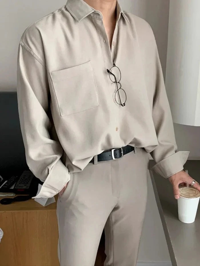 Loose fit Korean shirt casual business elegance - AntoniosClothing - Khaki