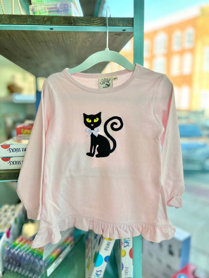 Luigi - Long Sleeve Ruffle Tee - Black Cat with Bow