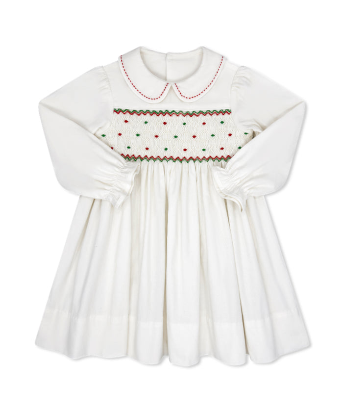 Lullaby Set - Clara Dress - White Corduroy with Garland Green