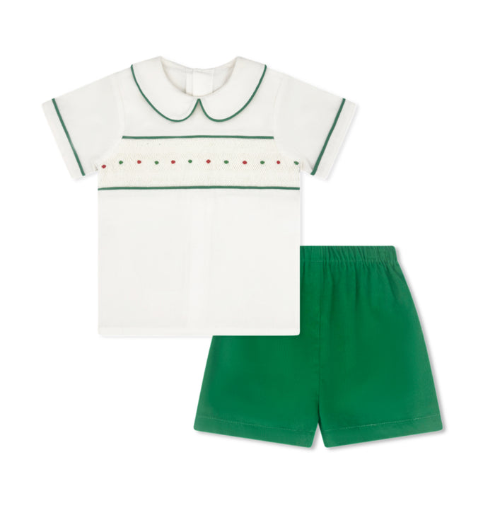 Lullaby Set - Liam Short Set - White Corduroy with Garland Green