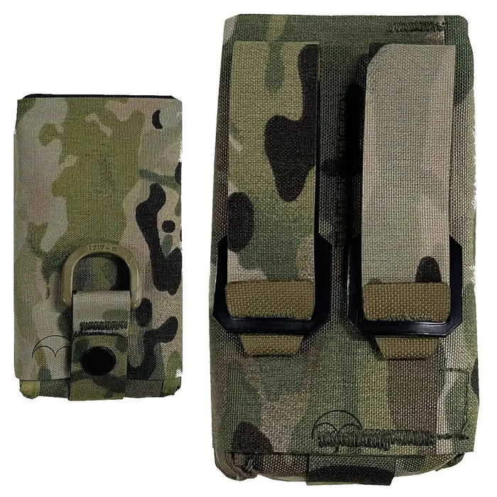 Folded Luminae Assault Pouch Multicam with MOLLE straps, highlighting its compact storage capability and durable Cordura construction.  from  John Bull Clothing