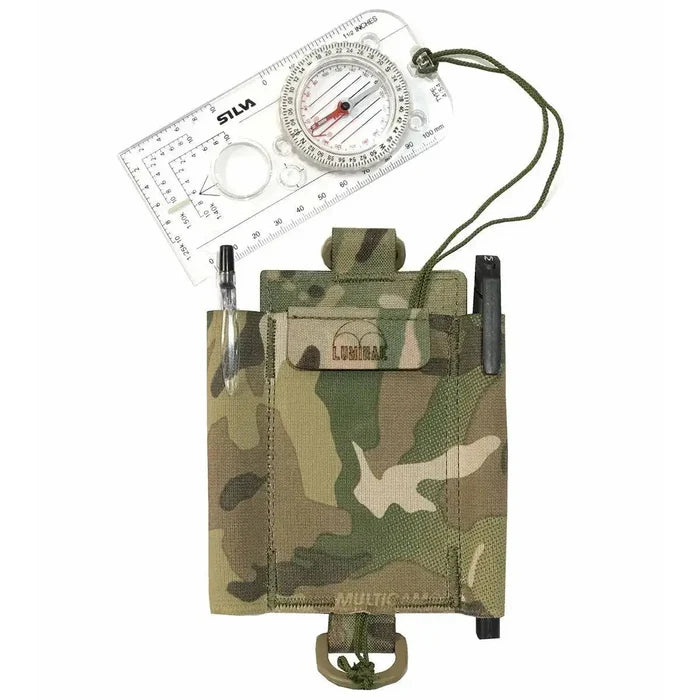 Luminae Compass Pouch Multicam displayed with a compass and pens, showcasing its functional design for military and outdoor navigation needs.  from  John Bull Clothing
