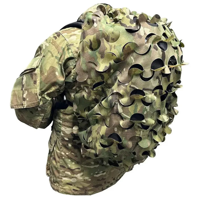 Side view of Luminae Daysack Scrim Cover MTP on a backpack, demonstrating its effective camouflage pattern for outdoor and military applications.  from  John Bull Clothing