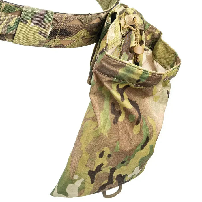 Multicam camouflage dump pouch with adjustable drawstring closure, designed for holding magazines and small gear, attached to a tactical belt.  from John Bull Clothing