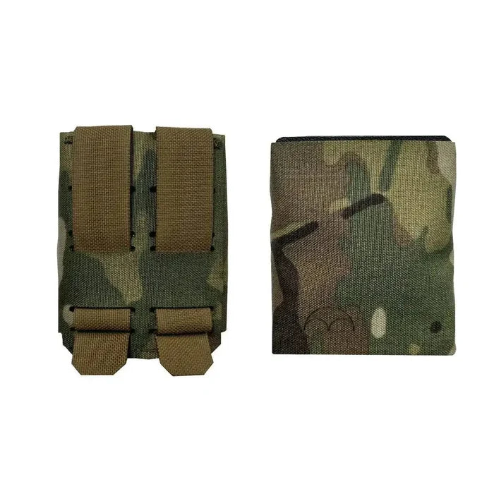 Luminae Multicam CQB Mag Pouch MTP front and back view, showcasing its rugged Cordura material and MOLLE-compatible straps for secure attachment.  from  John Bull Clothing