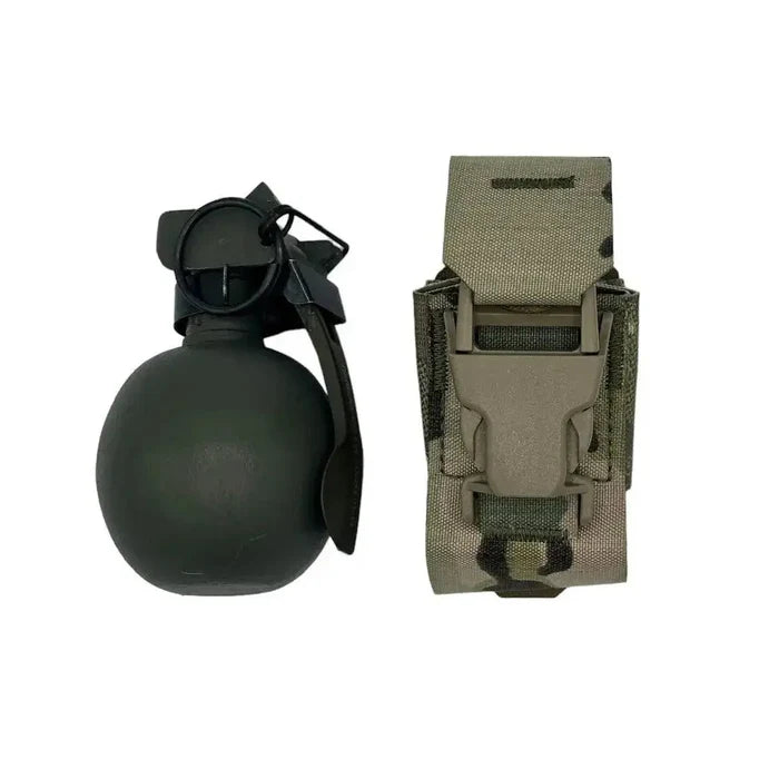 Luminae Multicam Frag Grenade Pouch MTP with secure buckle closure, designed to hold UK or US-style fragmentation grenades. Durable Cordura material in camouflage pattern.  from  John Bull Clothing