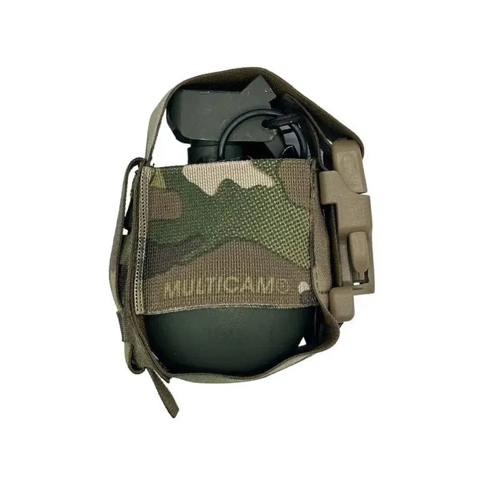 Close-up of Luminae Multicam Frag Grenade Pouch holding a grenade, showcasing its durable Cordura construction and secure fastening system. Ideal for military and tactical use.  from  John Bull Clothing