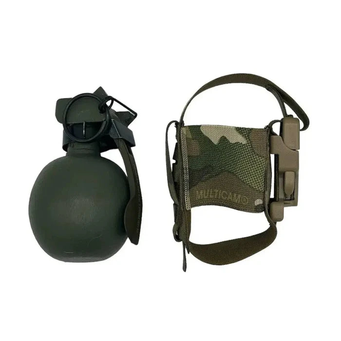 Luminae Multicam Frag Grenade Pouch fully opened, displaying its adjustable strap and secure buckle for holding a fragmentation grenade. Tactical MTP camouflage design.  from  John Bull Clothing