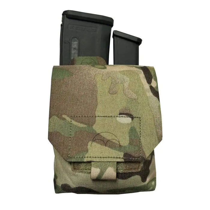 Luminae Multicam Mega Pouch MTP with two rifle magazines inside, featuring a durable Cordura fabric in a camouflage pattern for tactical use.  from  John Bull Clothing
