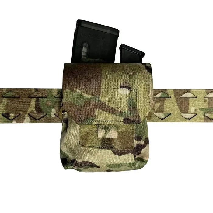 Luminae Multicam Mega Pouch MTP attached to a tactical belt, designed for securely carrying extra gear or magazines in rugged outdoor conditions.  from  John Bull Clothing