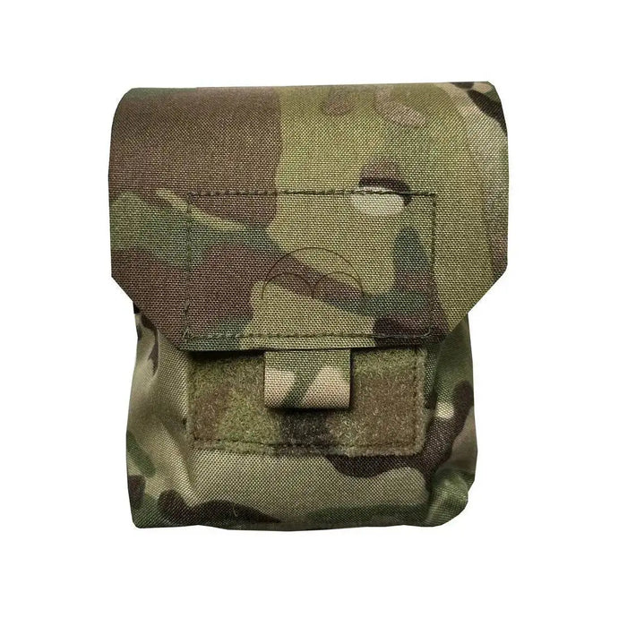 Front view of the Luminae Multicam Mega Pouch MTP, showcasing its secure flap closure and durable Cordura construction for military and tactical applications.  from  John Bull Clothing