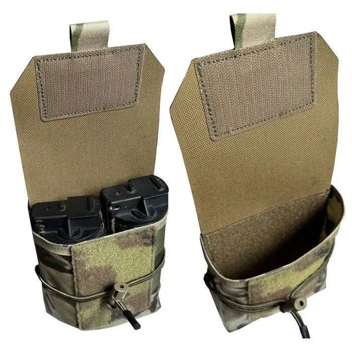 Open Luminae Multicam Mega Pouch MTP displaying spacious interior with elastic retention for securely holding magazines or other tactical accessories.  from  John Bull Clothing