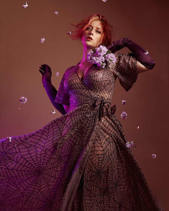 Lydia Dress in Mauve Sequin Spiderwebs