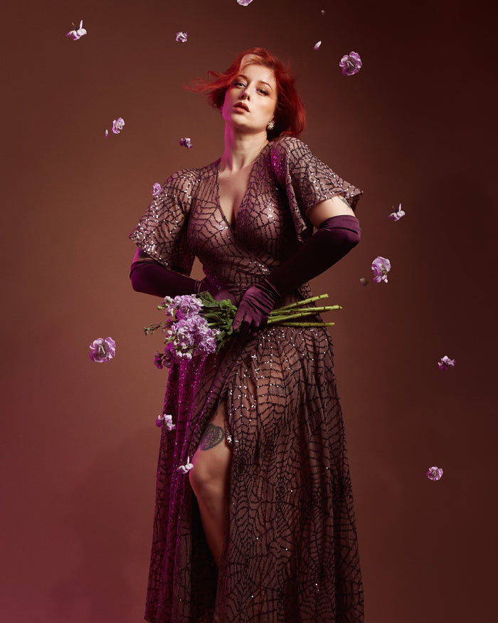 Lydia Dress in Mauve Sequin Spiderwebs